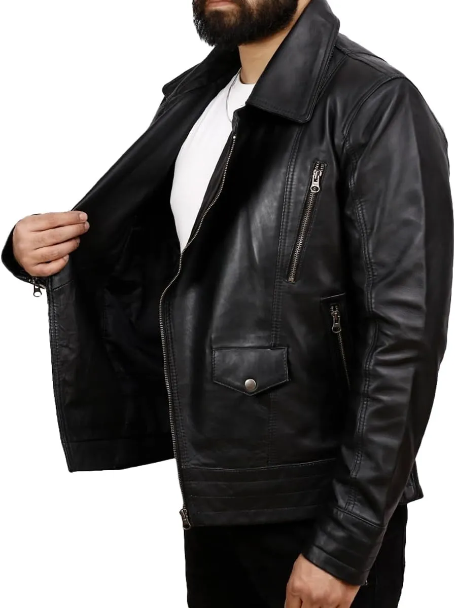 Leather Biker Jacket Men - Genuine Leather Motorcycle Jacket Distressed Leather Jacket - Tan/Brown