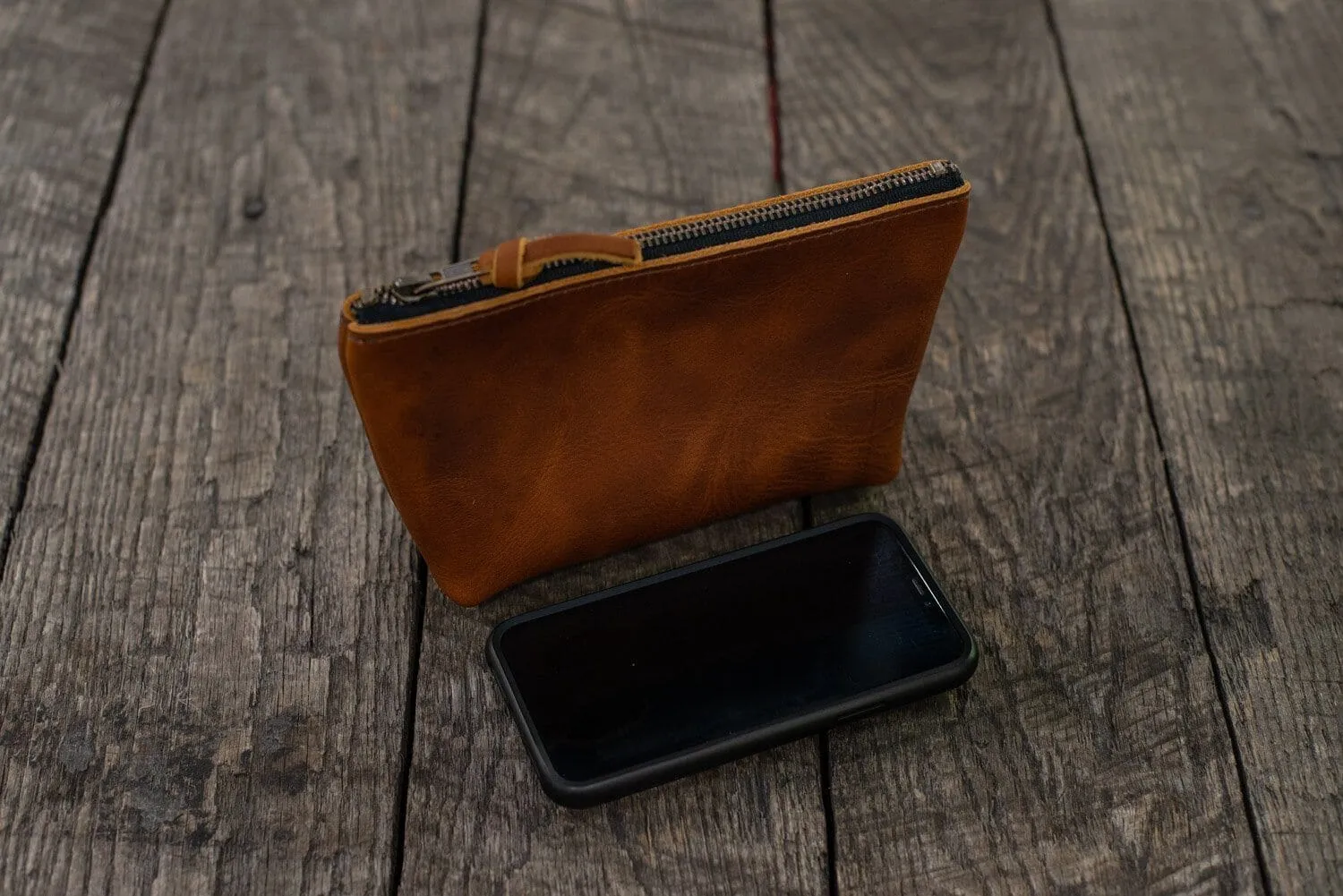 LEATHER TOP ZIPPERED POUCH - SMALL - REDWOOD BISON