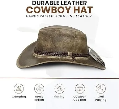 Lesa Collection Banjo Distressed Leather Cowboy Hat for Men – Stylish Cowgirl Hat for Women with Braided Band and Removable Chinstrap