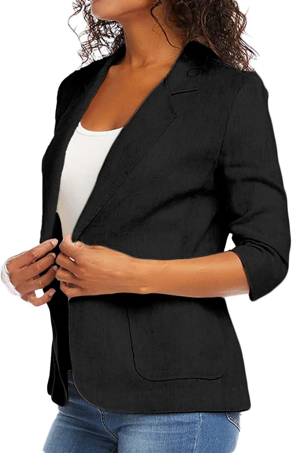 linen blazer women 3/4 sleeve Ruched One Button Lightweight plus size Slim Casual Work Office Jacket with Pockets