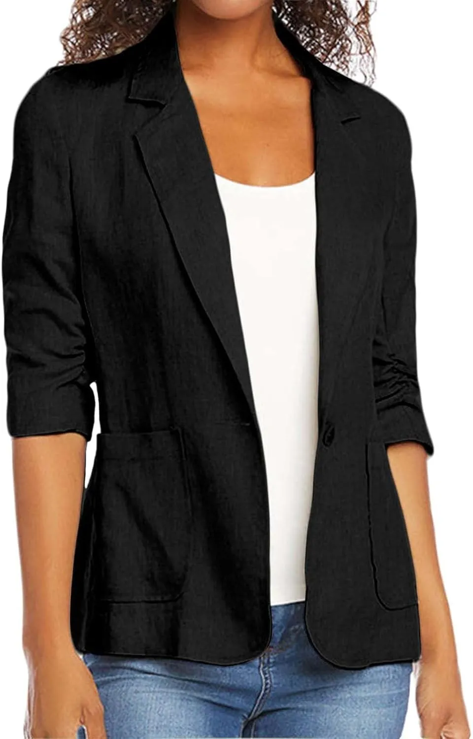 linen blazer women 3/4 sleeve Ruched One Button Lightweight plus size Slim Casual Work Office Jacket with Pockets