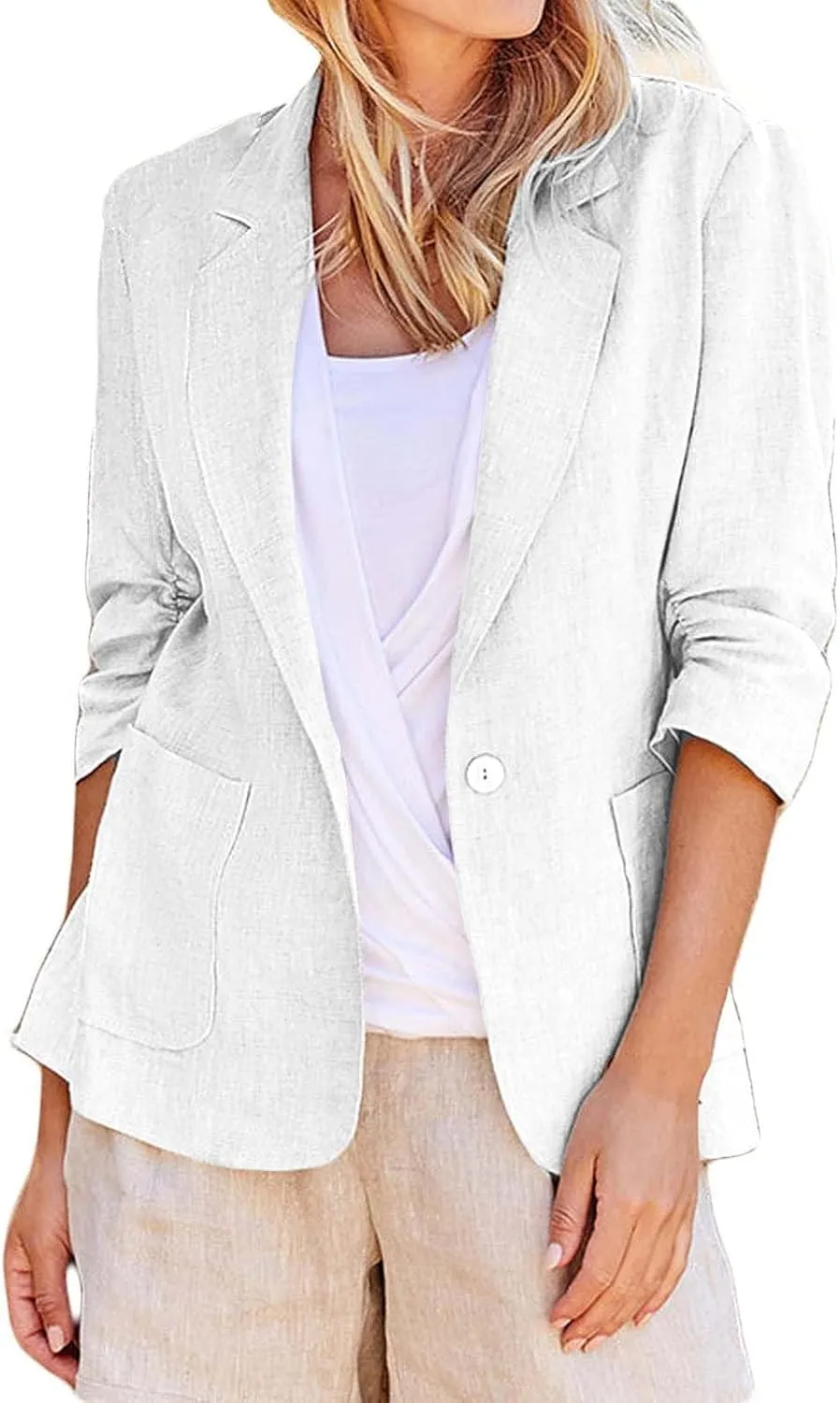 linen blazer women 3/4 sleeve Ruched One Button Lightweight plus size Slim Casual Work Office Jacket with Pockets