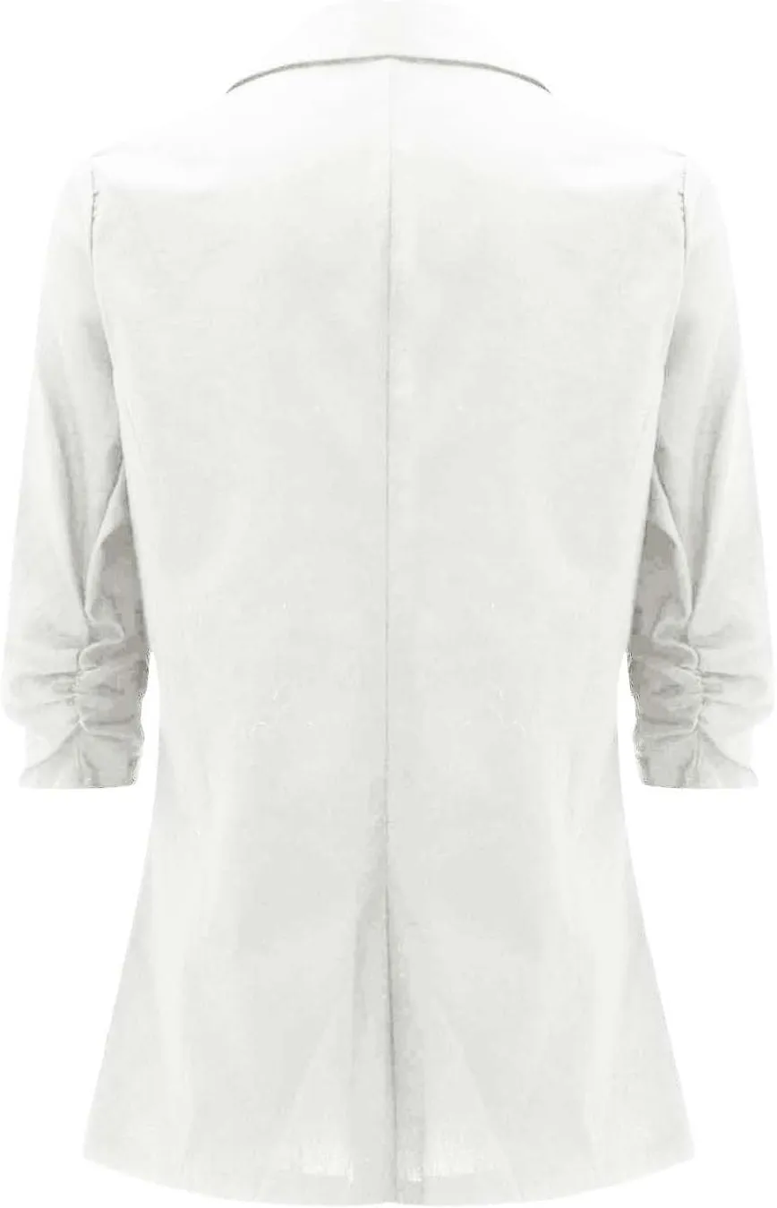 linen blazer women 3/4 sleeve Ruched One Button Lightweight plus size Slim Casual Work Office Jacket with Pockets