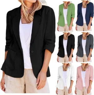 linen blazer women 3/4 sleeve Ruched One Button Lightweight plus size Slim Casual Work Office Jacket with Pockets