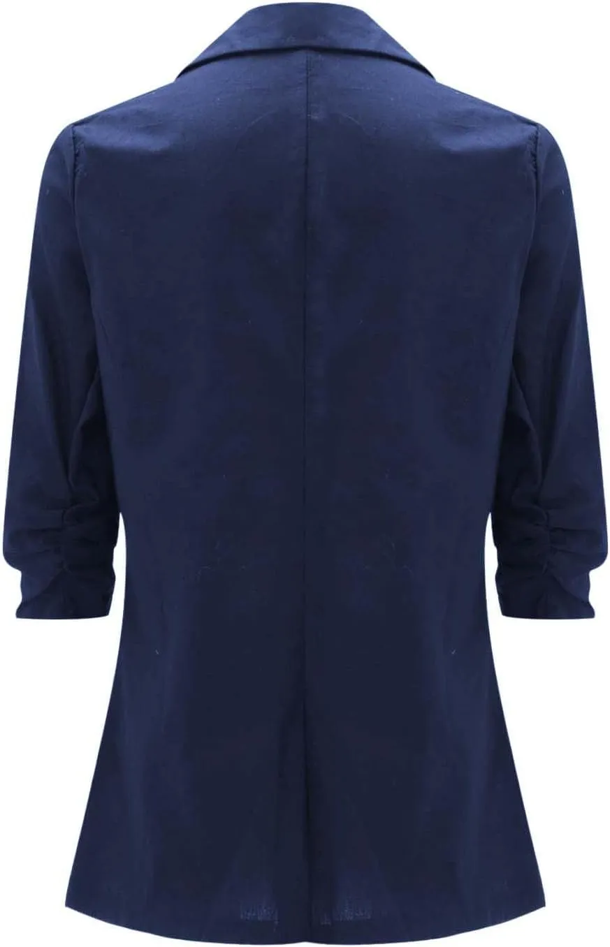 linen blazer women 3/4 sleeve Ruched One Button Lightweight plus size Slim Casual Work Office Jacket with Pockets