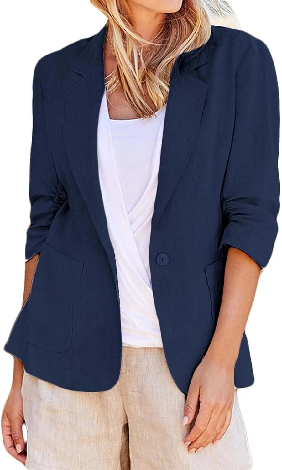 linen blazer women 3/4 sleeve Ruched One Button Lightweight plus size Slim Casual Work Office Jacket with Pockets