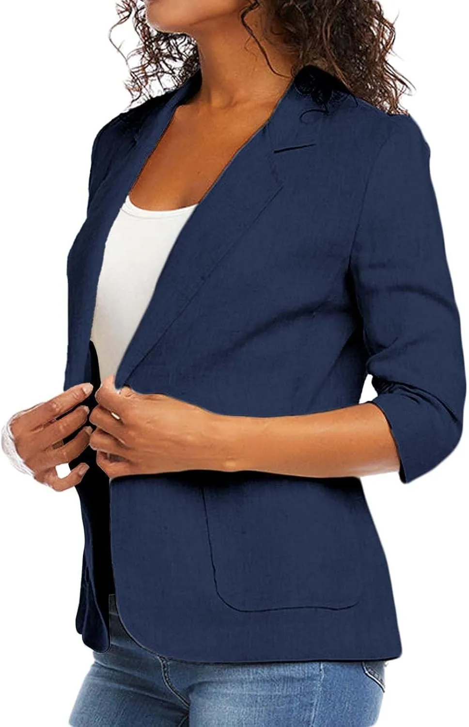 linen blazer women 3/4 sleeve Ruched One Button Lightweight plus size Slim Casual Work Office Jacket with Pockets
