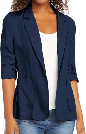 linen blazer women 3/4 sleeve Ruched One Button Lightweight plus size Slim Casual Work Office Jacket with Pockets
