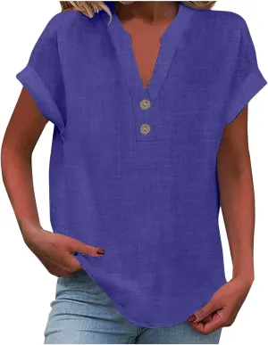 Linen Blouse for Women Plus Size Loose Fit Cotton Gauze Tops V Neck Button Down Henley Shirts Casual Solid Vacation Beach Tee
