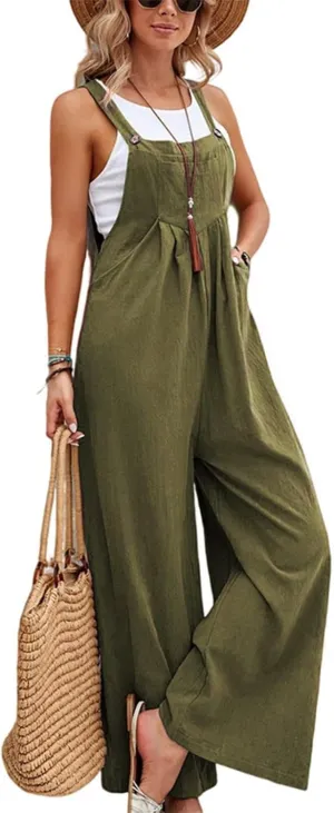 Linen Jumpsuits for Women Sleeveless Spaghetti Strap Wide Leg Overalls Cotton Linen One Piece Jumpsuit with Pockets