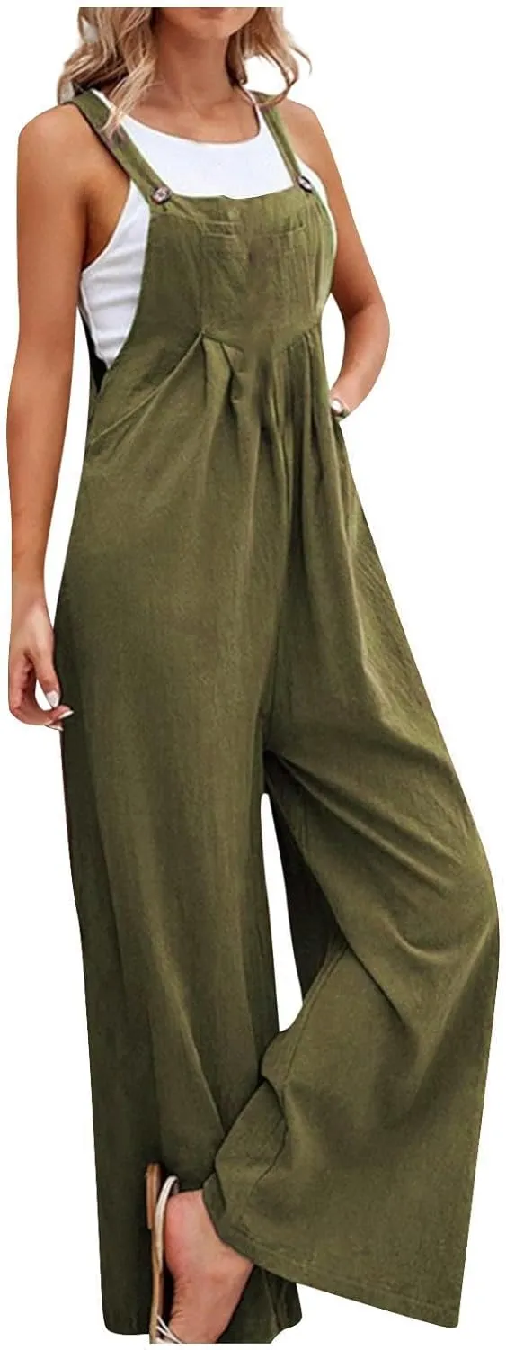 Linen Jumpsuits for Women Sleeveless Spaghetti Strap Wide Leg Overalls Cotton Linen One Piece Jumpsuit with Pockets