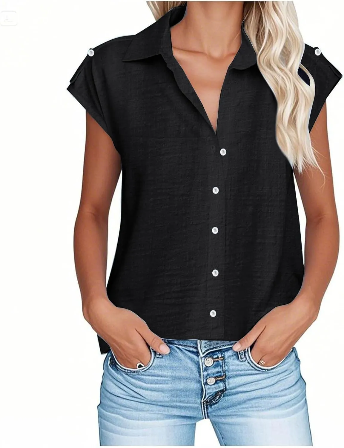 Linen Shirts for Women Trendy Button Down V Neck Shirt Summer Collared Short Sleeve Boho Tops Casual Blouses