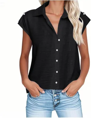Linen Shirts for Women Trendy Button Down V Neck Shirt Summer Collared Short Sleeve Boho Tops Casual Blouses