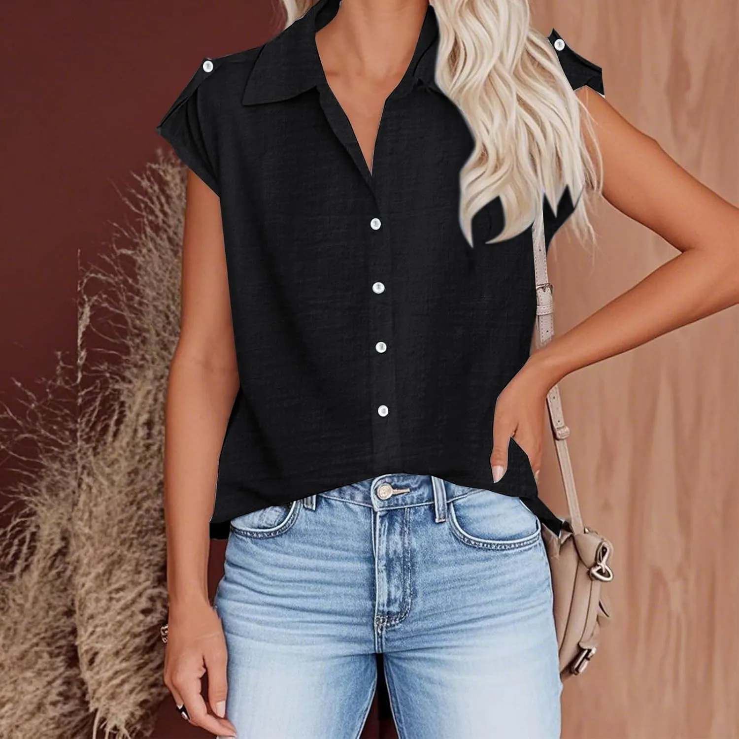 Linen Shirts for Women Trendy Button Down V Neck Shirt Summer Collared Short Sleeve Boho Tops Casual Blouses