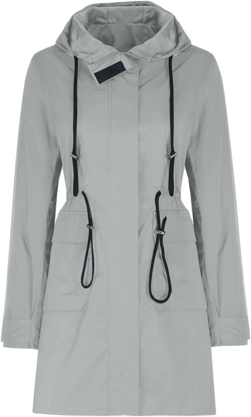 Lmdudan Rain Jacket for Women Lightweight Waterproof Hooded Trench Coats 2024 Active Outdoor Belted Windbreaker with Pockets