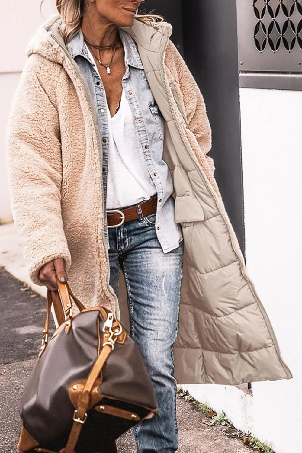 Long Fleece Jacket Women Winter Reversible Puffer Coat Sherpa Padded Down Jackets Oversized Long Sleeve Hooded Coats