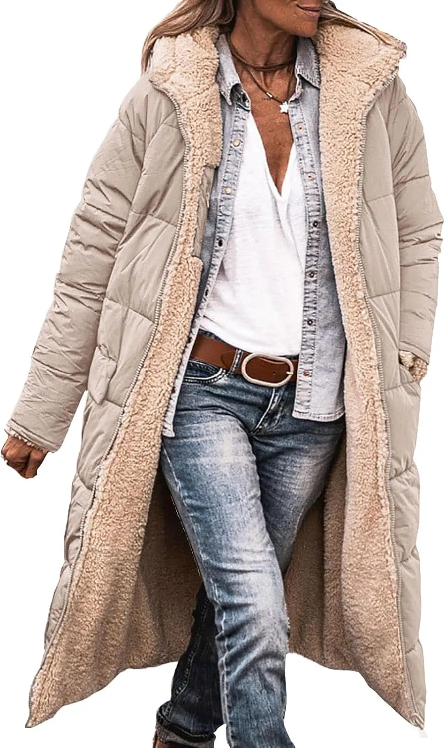 Long Fleece Jacket Women Winter Reversible Puffer Coat Sherpa Padded Down Jackets Oversized Long Sleeve Hooded Coats