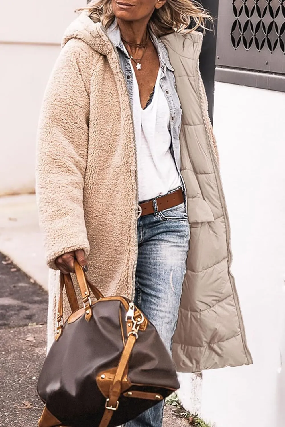 Long Fleece Jacket Women Winter Reversible Puffer Coat Sherpa Padded Down Jackets Oversized Long Sleeve Hooded Coats