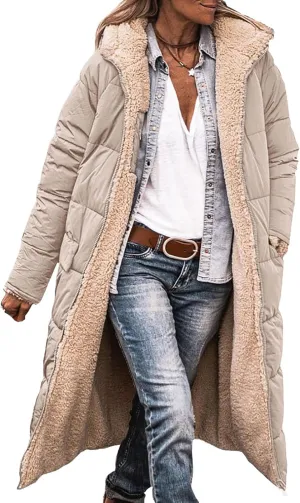 Long Fleece Jacket Women Winter Reversible Puffer Coat Sherpa Padded Down Jackets Oversized Long Sleeve Hooded Coats