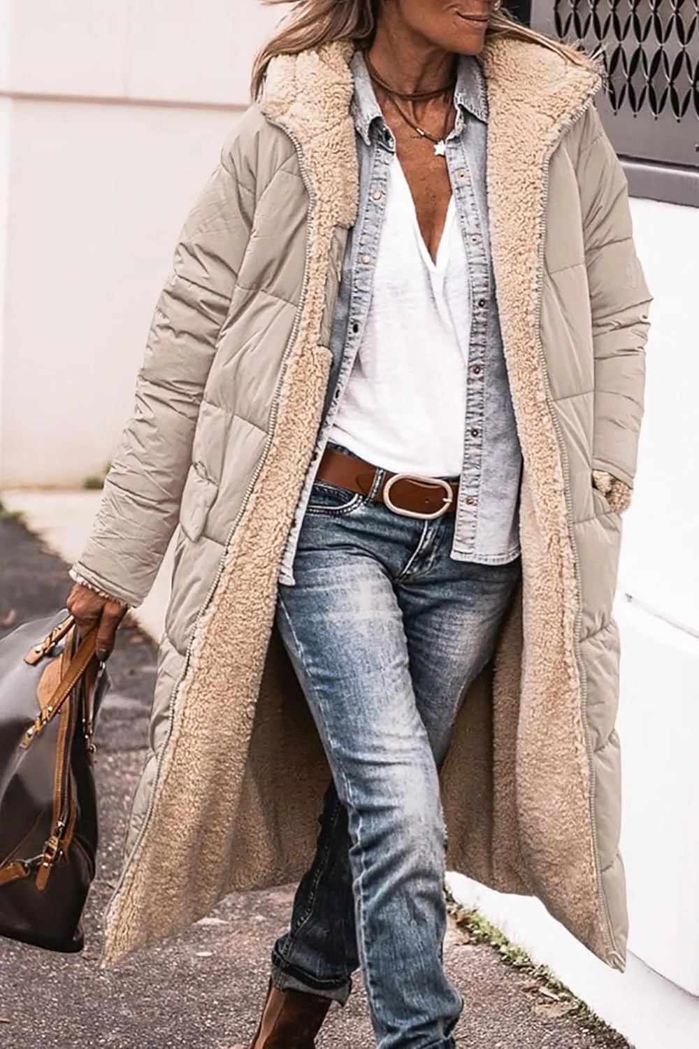 Long Fleece Jacket Women Winter Reversible Puffer Coat Sherpa Padded Down Jackets Oversized Long Sleeve Hooded Coats