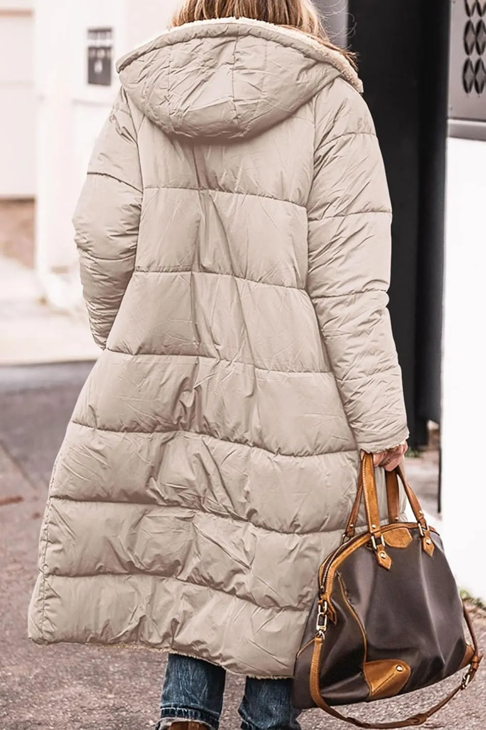 Long Fleece Jacket Women Winter Reversible Puffer Coat Sherpa Padded Down Jackets Oversized Long Sleeve Hooded Coats