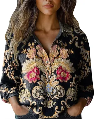 Long Sleeve Cotton Printed Fashion Down Shirts Casual Tops Long Sleeve Blouse Bathing Suit