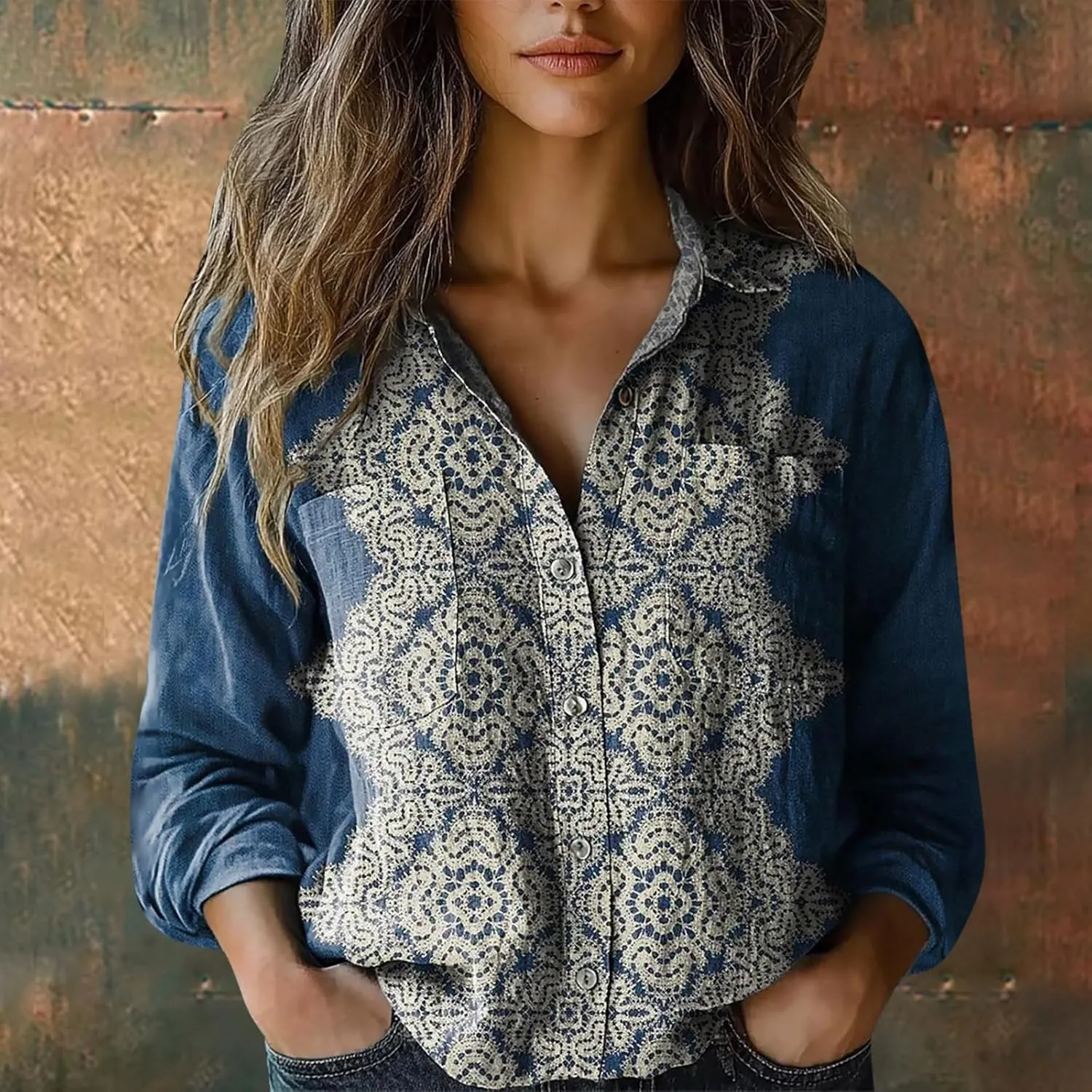 Long Sleeve Cotton Printed Fashion Down Shirts Casual Tops Long Sleeve Blouse Bathing Suit