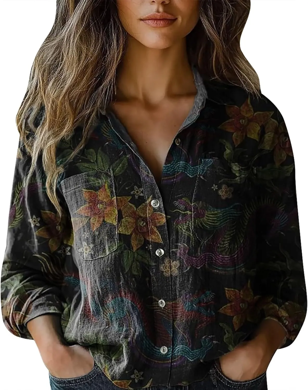 Long Sleeve Cotton Printed Fashion Down Shirts Casual Tops Long Sleeve Blouse Bathing Suit