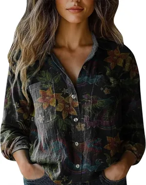 Long Sleeve Cotton Printed Fashion Down Shirts Casual Tops Long Sleeve Blouse Bathing Suit