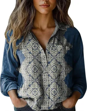 Long Sleeve Cotton Printed Fashion Down Shirts Casual Tops Long Sleeve Blouse Bathing Suit