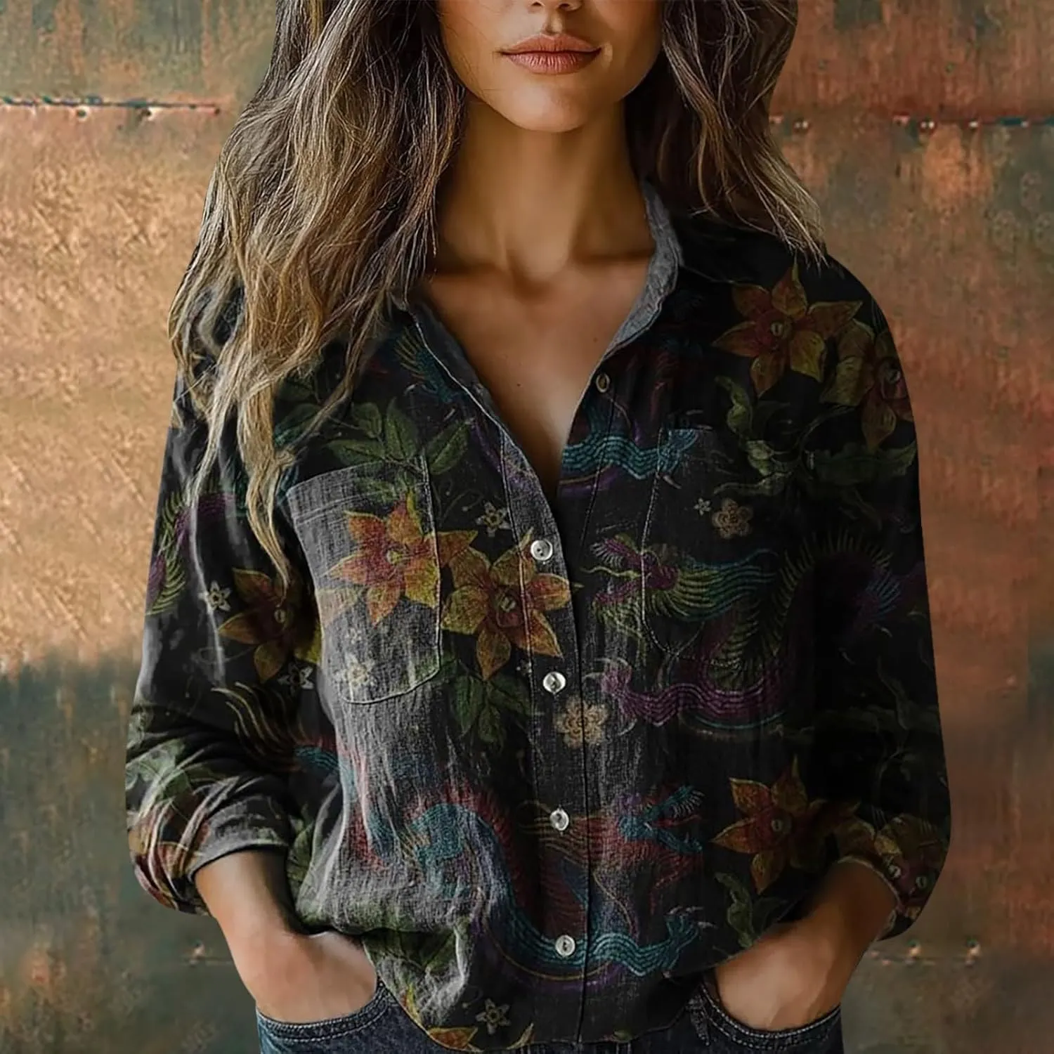 Long Sleeve Cotton Printed Fashion Down Shirts Casual Tops Long Sleeve Blouse Bathing Suit