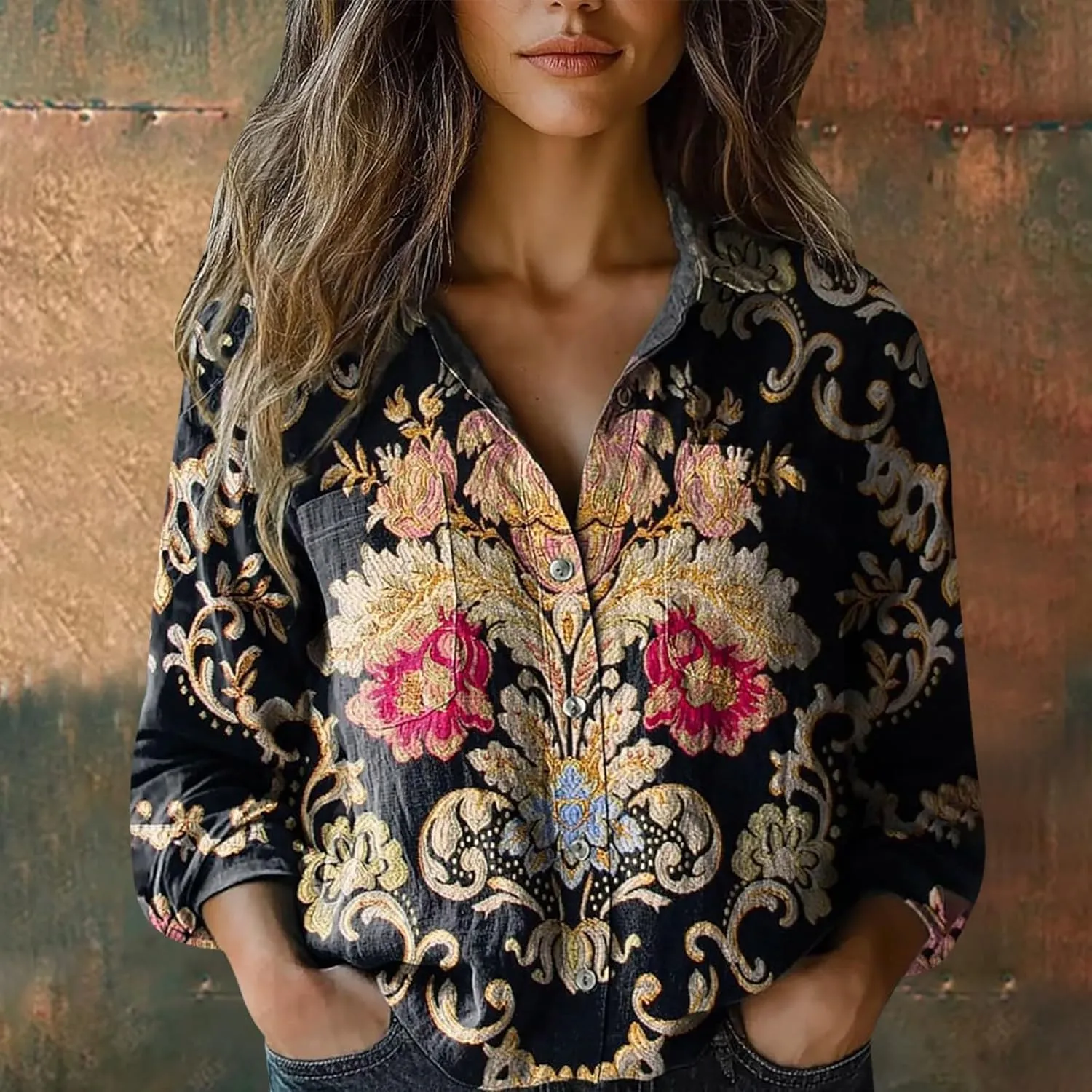 Long Sleeve Cotton Printed Fashion Down Shirts Casual Tops Long Sleeve Blouse Bathing Suit