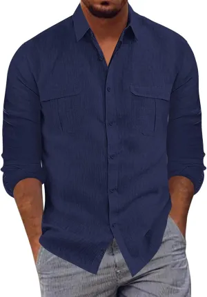 Long Sleeve Shirt Men Lapel Cotton Solid Color Pocket Long Sleeve Shirt Top Long Sleeve Shirt Mens Casual Shirts