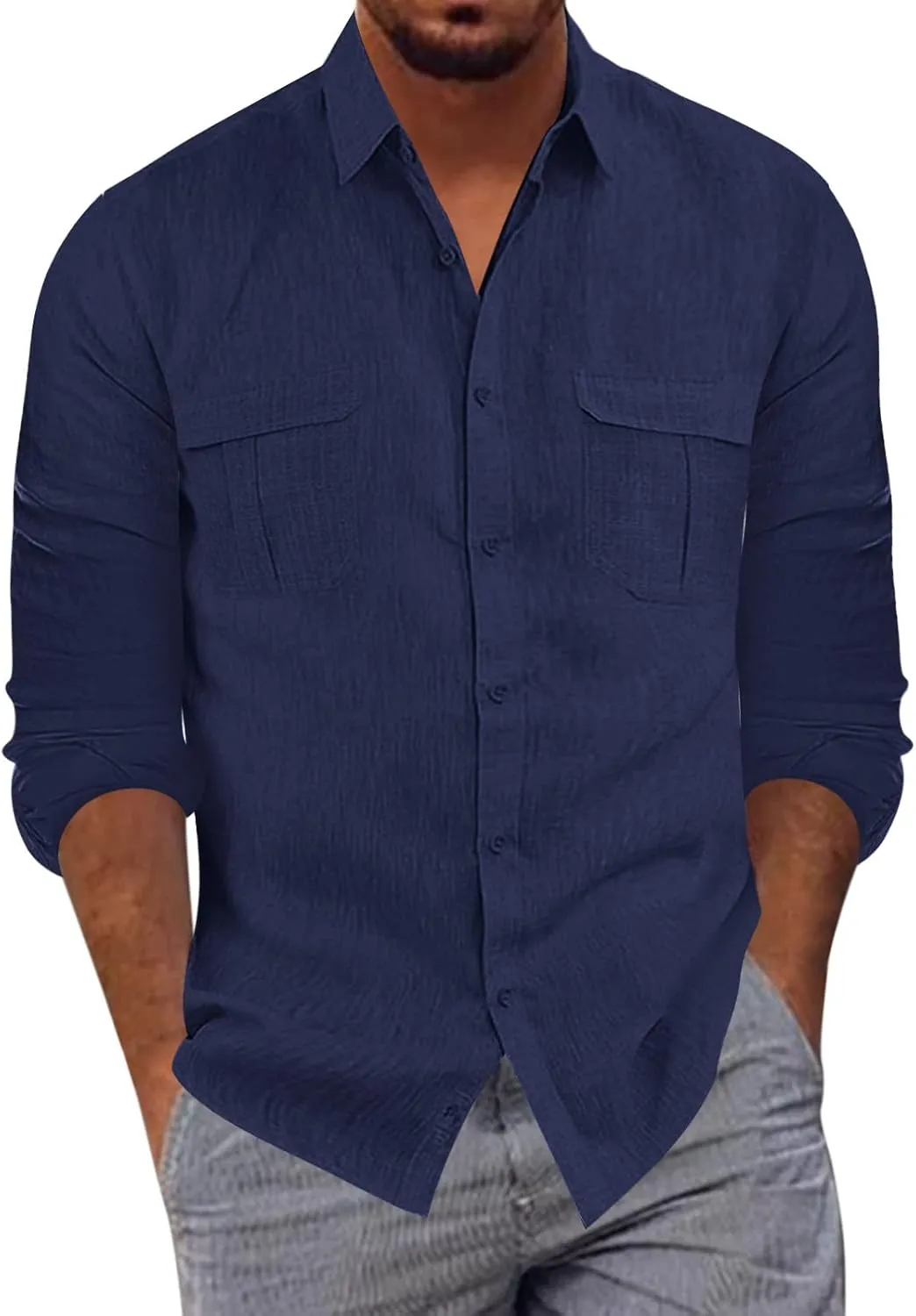 Long Sleeve Shirt Men Lapel Cotton Solid Color Pocket Long Sleeve Shirt Top Long Sleeve Shirt Mens Casual Shirts