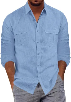 Long Sleeve Shirt Men Lapel Cotton Solid Color Pocket Long Sleeve Shirt Top Long Sleeve Shirt Mens Casual Shirts