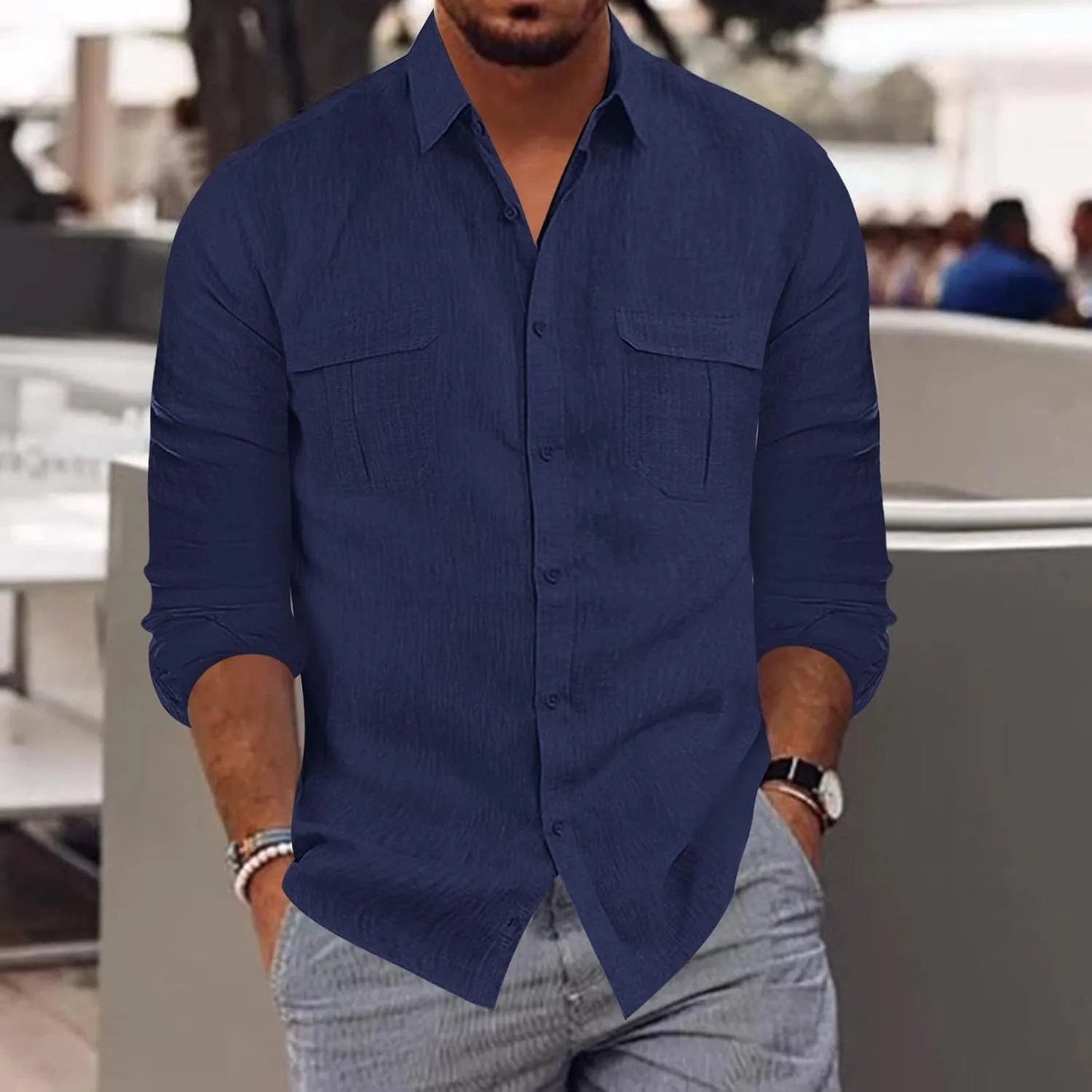 Long Sleeve Shirt Men Lapel Cotton Solid Color Pocket Long Sleeve Shirt Top Long Sleeve Shirt Mens Casual Shirts