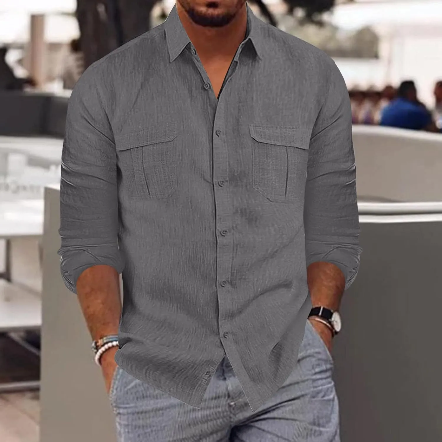 Long Sleeve Shirt Men Lapel Cotton Solid Color Pocket Long Sleeve Shirt Top Long Sleeve Shirt Mens Casual Shirts