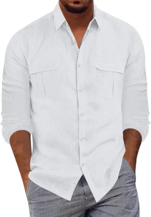Long Sleeve Shirt Men Lapel Cotton Solid Color Pocket Long Sleeve Shirt Top Long Sleeve Shirt Mens Casual Shirts