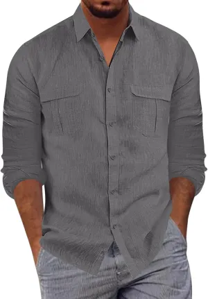 Long Sleeve Shirt Men Lapel Cotton Solid Color Pocket Long Sleeve Shirt Top Long Sleeve Shirt Mens Casual Shirts