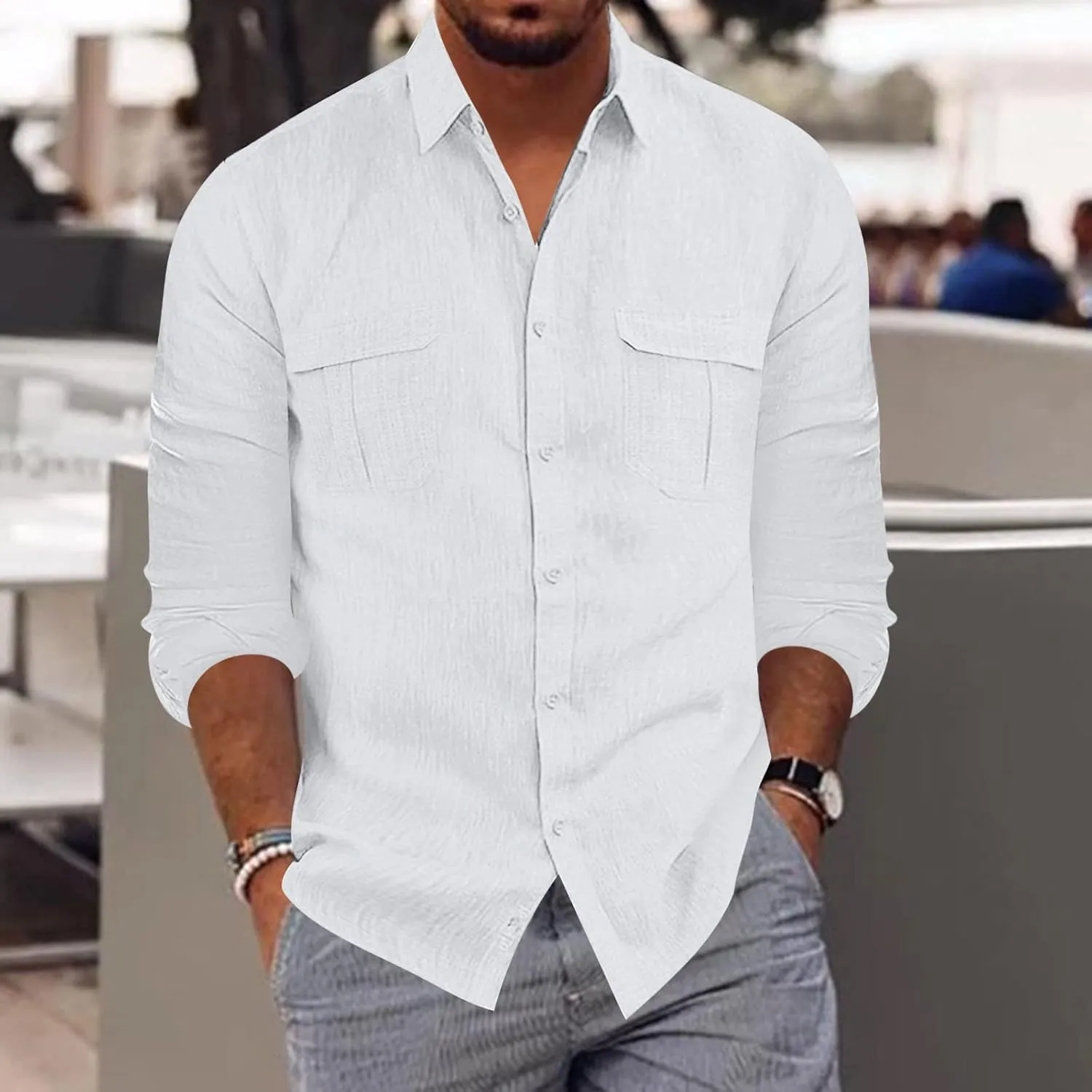 Long Sleeve Shirt Men Lapel Cotton Solid Color Pocket Long Sleeve Shirt Top Long Sleeve Shirt Mens Casual Shirts