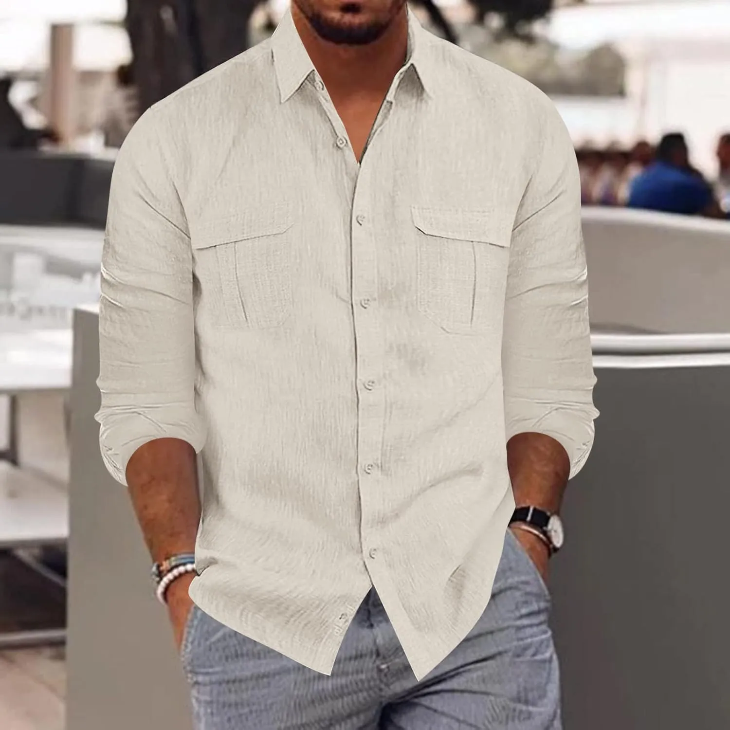 Long Sleeve Shirt Men Lapel Cotton Solid Color Pocket Long Sleeve Shirt Top Long Sleeve Shirt Mens Casual Shirts