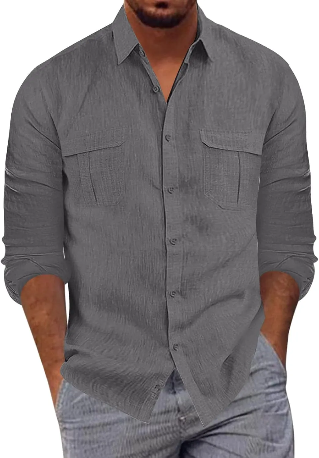 Long Sleeve Shirt Men Lapel Cotton Solid Color Pocket Long Sleeve Shirt Top Long Sleeve Shirt Mens Casual Shirts