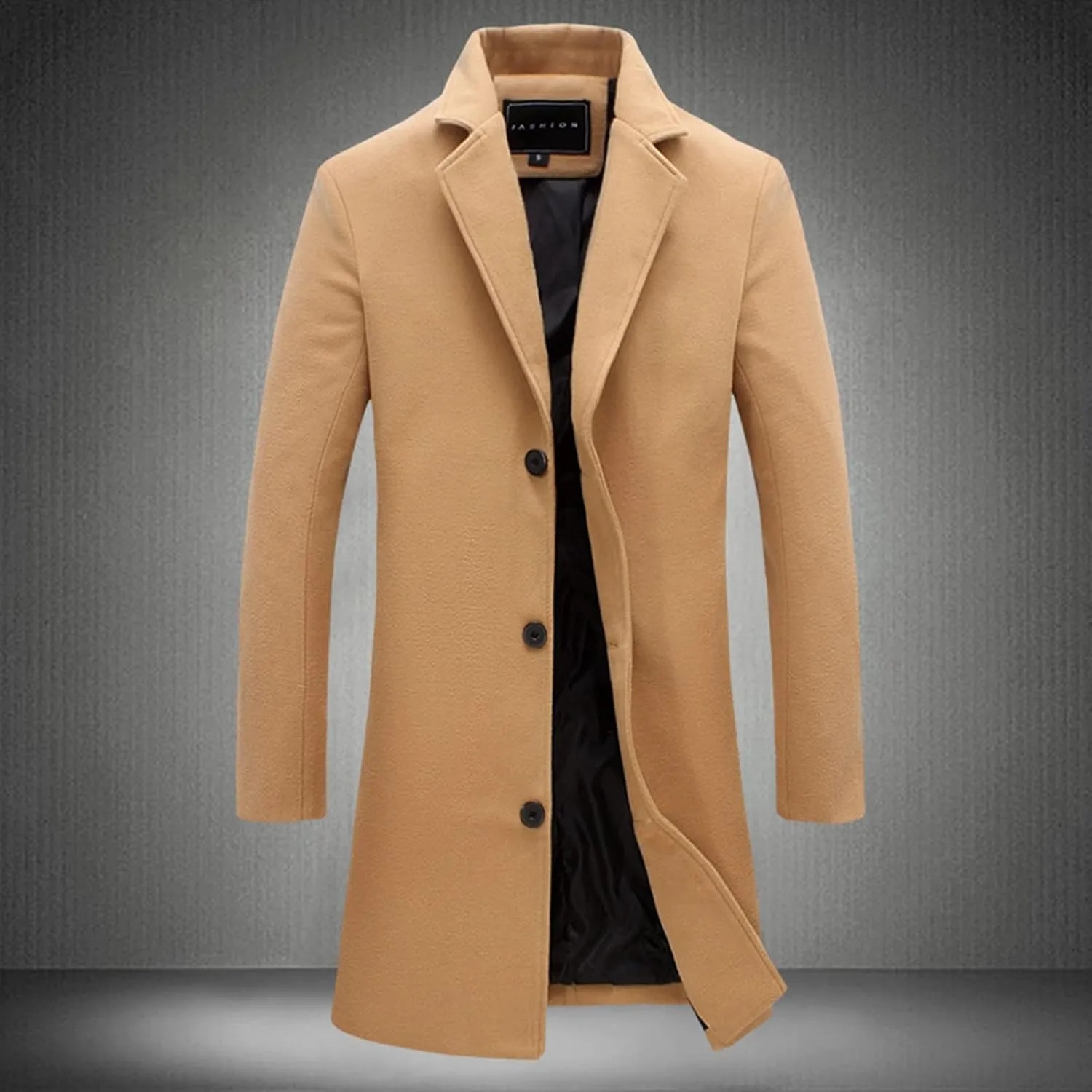 Long Trench Coat Men Single Breasted Wool Blend Coat Mid Length Pea Coat Notch Lapel Jacket Business Casual Overcoat