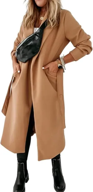 Long Trench Coat Women Open Front Belted Long Jacket Wool Blend Coat Long Sleeve Cardigan Winter Coat with Pockets