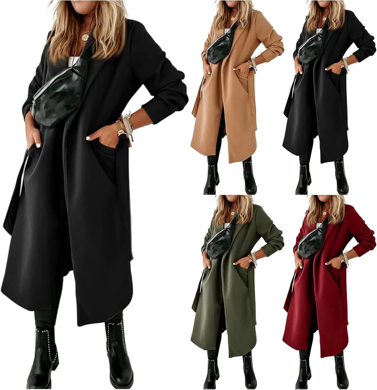 Long Trench Coat Women Open Front Belted Long Jacket Wool Blend Coat Long Sleeve Cardigan Winter Coat with Pockets