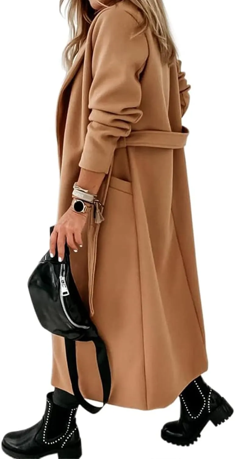 Long Trench Coat Women Open Front Belted Long Jacket Wool Blend Coat Long Sleeve Cardigan Winter Coat with Pockets