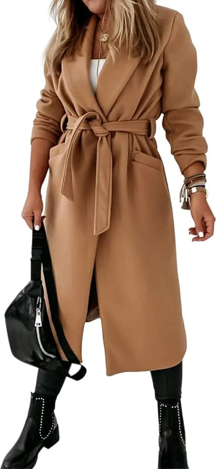 Long Trench Coat Women Open Front Belted Long Jacket Wool Blend Coat Long Sleeve Cardigan Winter Coat with Pockets