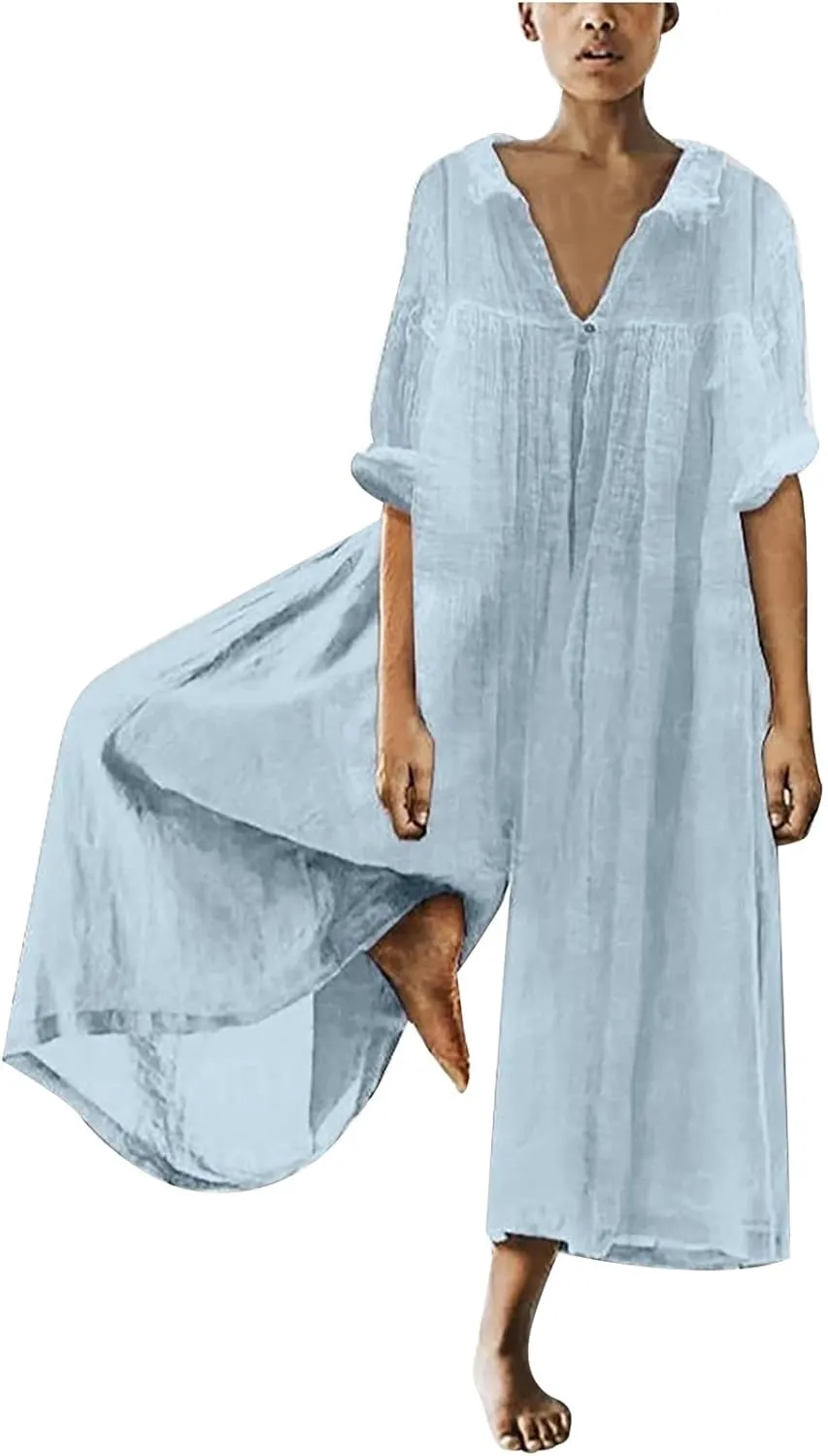 Loose Fit Pants for Women Fall Summer Linen Straight Leg Plain Long Leg Overalls Pants Rompers Women 2024 Fashion