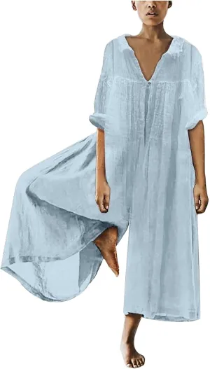 Loose Fit Pants for Women Fall Summer Linen Straight Leg Plain Long Leg Overalls Pants Rompers Women 2024 Fashion