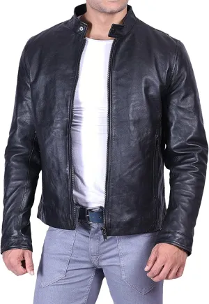 Luis Men's Leather Jacket - Band Collar Leather Jacket Motorcycle Lightweight Genuine Leather Outwear